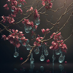 Realistyczna Ilustracja kwiatów wiśni z kropelkami deszczu, SI