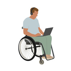 Person in wheelchair with laptop. A man with disabilities. Inclusion vector illustration. 