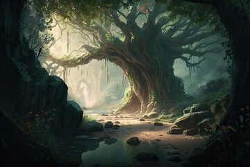 Fantastic Fantasy Forest Fictional Setting concept painting Illustration that is realistic. Digital CG art from video games. scenery in nature. Generative AI