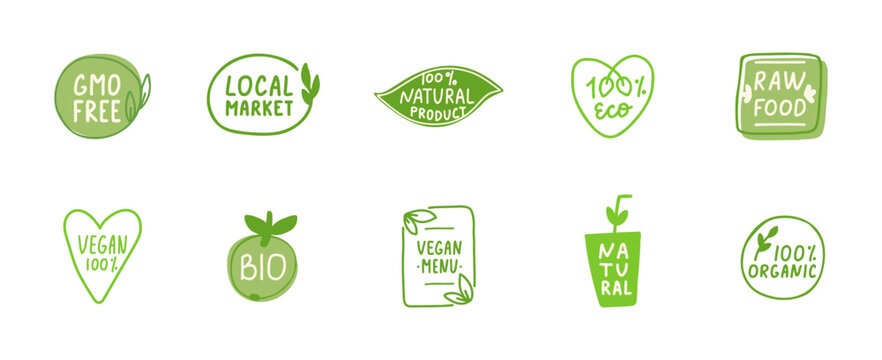 Non GMO labels. GMO free icons. Eco, vegan, bio hand drawn tag. Organic cosmetic. Healthy food concept. Beauty product package. Sustainable life. Vector illustration