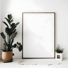 blank canvas, posters mockup on the wall and floor with thin light wooden and black moulding, wall art mockup