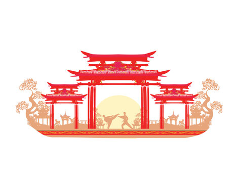 Karate occupations - abstraction card men and asian landscape