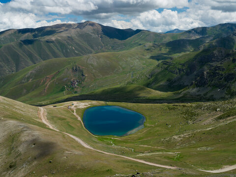 Crater mountain lake. Stallion lake (Turkish; Aygır Lake). Natural lake at the foot of Soganli Mountains. Turkey lakes. Jakara, Trabzon, Turkey.