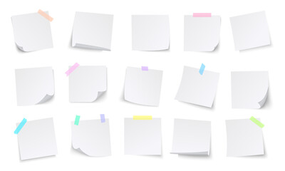 Paper notes. white stickers or notepad pages with curled corners. Empty blanks for messages. Realistic  mock up.