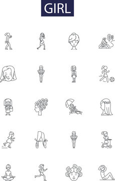 Girl line vector icons and signs. Female, Woman, Young, Daughter, Womanhood, Feminine, Maiden, Lass outline vector illustration set