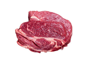 Raw Chuck eye roll beef steak on butcher table.  Isolated, transparent background.