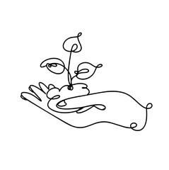 Single continuous line art growing plant leaves with hands Environmental protection concept, eco natural farm concept,  organic food, vegan products. Sketch outline drawing vector illustration
