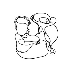 Abstract family continuous line art. Young mom hugging her baby on floral background. Hand drawn illustration for Happy International Mother's Day card, loving family, parenthood childhood concept
