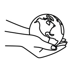 earth day logo, black and white vector line art, two hands holding earth, american continent view, editable line