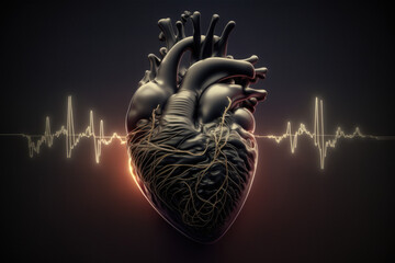 Human heart with cardiogram for medical heart health care, generative AI