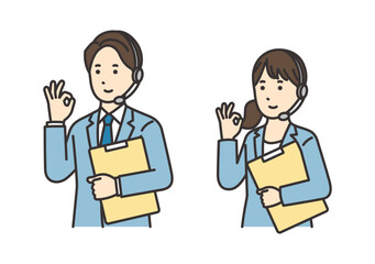 資料を持ってOKポーズをするオペレーターの女性と男性のイラストセット