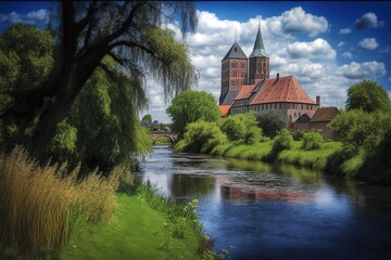 Obraz premium krudenburg at the river lippe in Germany, AI gennerated