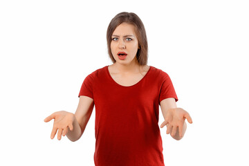 Portrait of confused and questioned unaware funny brunette woman shrugging with puzzled look and hands raised sideways, having no idea, standing without answer over white studio background