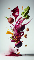 Group of Beet Root Vegetable Creatively Falling-Dripping Flying or Splashing on White Background AI Generative