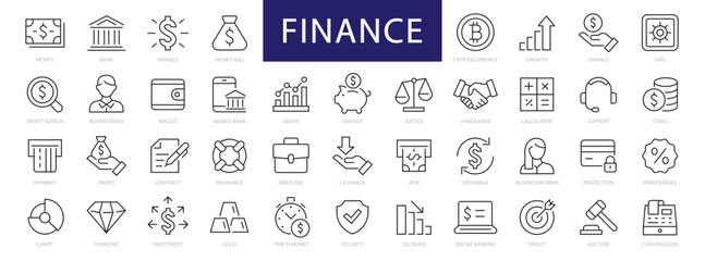 Finance & Money thin line icons set. Finance editable stroke icons. Money, Payment, Business, Exchange, Profit, Investment, Card, Bank symbols. Vector - obrazy, fototapety, plakaty