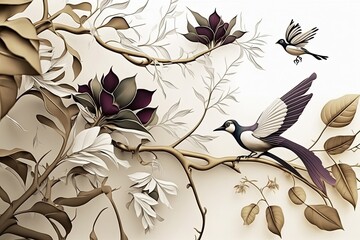 wallpaper birds and flowers long branches white background