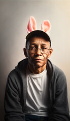 Portrait of old tired black man in bunny ears on the head enjoying Easter holidays. Springtime in atmosphere home. Generative AI.