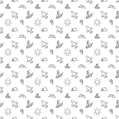 Summer seamless pattern. travel background. Travel vacation set of icons, journey and trip background. Doodle summer travel icons. Vacation vector pattern with travel icons
