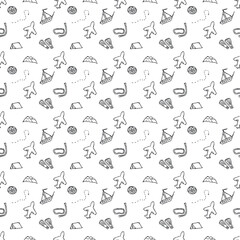 Summer seamless pattern. travel background. Travel vacation set of icons, journey and trip background. Doodle summer travel icons. Vacation vector pattern with travel icons