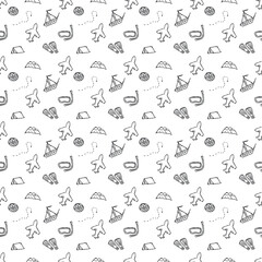 Summer seamless pattern. travel background. Travel vacation set of icons, journey and trip background. Doodle summer travel icons. Vacation vector pattern with travel icons