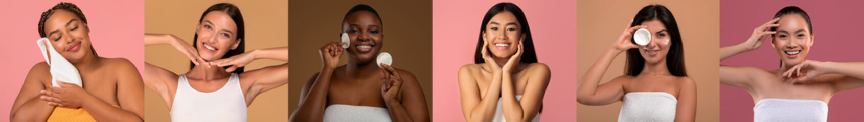 Smiling millennial international women apply cream, cleanse perfect skin, enjoy spa treatments