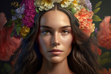 Naklejka premium Artistic Portrait of a woman covered by flowers - AI Generated