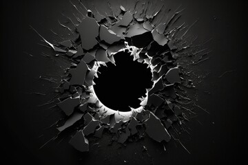 black background with a hole with glass cracks in it. Generative AI - obrazy, fototapety, plakaty