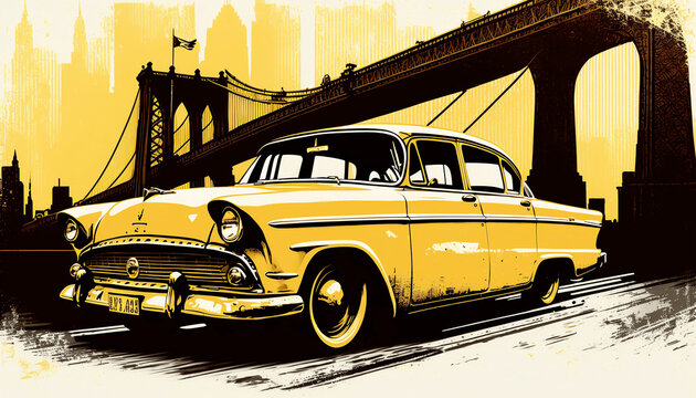 New York Yellow Cab Taxi On The Bridge - Illustration, Wallpaper