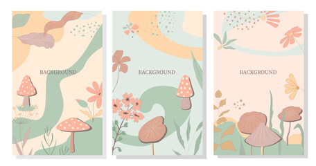 Composition with mushrooms, flowers and leaves. The composition in vintage style is ideal for postcards, posters, postcards, banners.