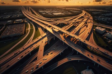 Aerial view omassive highway intersection, stack interchange with elevated road junction overpass at late afternoon in Houston, Texas, AI generated