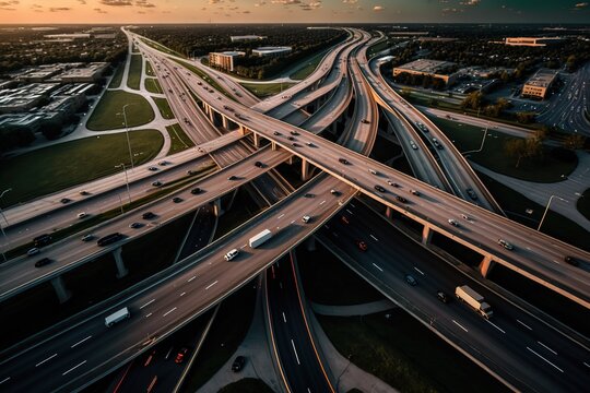 Aerial view omassive highway intersection, stack interchange with elevated road junction overpass at late afternoon in Houston, Texas, AI generated