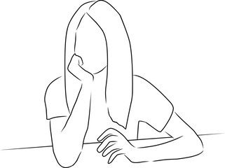 Woman sits at the table and dreams, vector. Hand drawn sketch. A woman sits at a table resting her head on her hand and dreams, thinks.