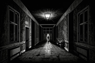 Old abandoned house - scary illustration, horror - black and white