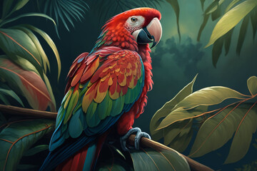 Realistic Illustration of Exotic Pet Parrot on Perch with Lush Tropical Foliage generative ai