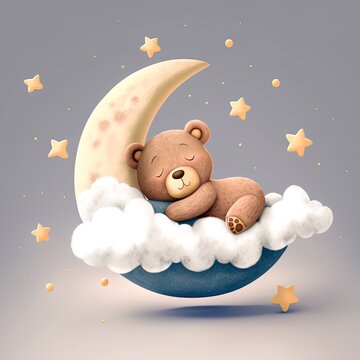 Cute baby bear sleeping on crescent moon with clouds and stars. Adorable bear napping digital art illustration