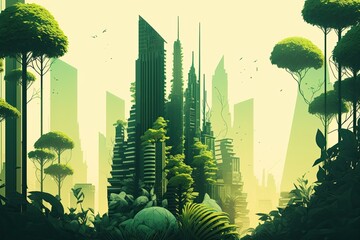 Amazing eco futuristic urban landscape with plenty of greenery, skyscrapers, parks, and other artificial green places. Greenery in a contemporary city. illustration using digital art. Generative AI