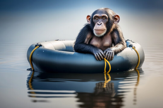 Closeup portrait of a happy chimpanzee sitting in a rubber dinghy on blurred blue water. Generative AI.