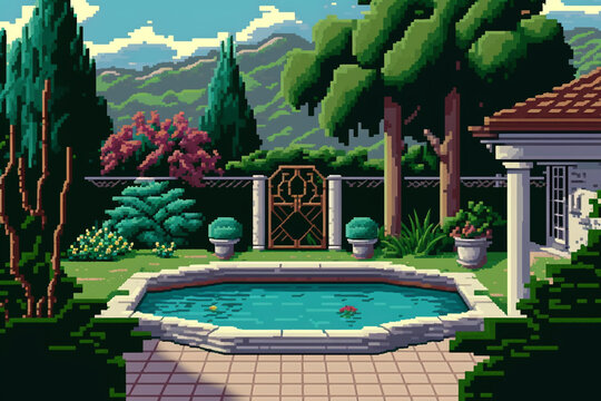 Pixel Art Game Background With Pool, Backyard And Lush Garden. Generative AI.