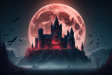 Aesthetic fantasy castle in forest at moonlit night, bats and foggy environment, digital illustration artwork.