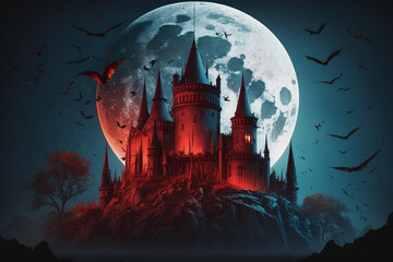 Aesthetic fantasy castle in forest at moonlit night, bats and foggy environment, digital illustration artwork.