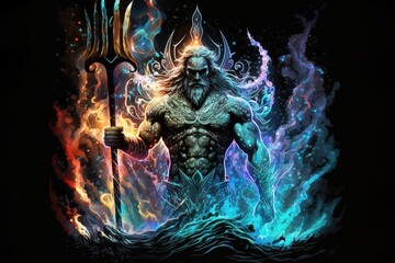 An illustration of Poseidon, the Greek god of the seas, or Neptune for the Romans, with the trident and the crown in colorful flames. Generative ai