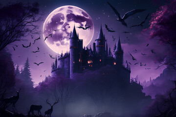 Aesthetic fantasy castle in forest at moonlit night, bats and foggy environment, digital illustration artwork.