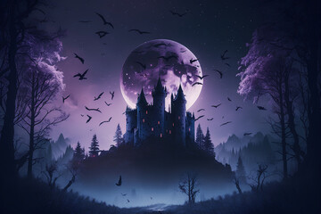 Aesthetic fantasy castle in forest at moonlit night, bats and foggy environment, digital illustration artwork.