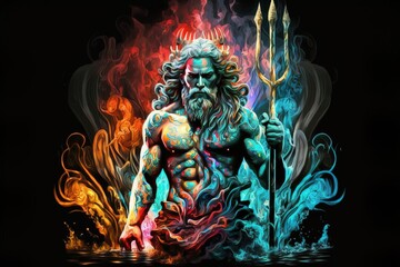 An illustration of Poseidon, the Greek god of the seas, or Neptune for the Romans, with the trident and the crown in colorful flames. Generative ai - obrazy, fototapety, plakaty
