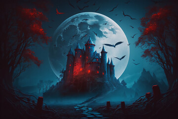 Fantasy castle in the moonlight night landscape background, Digital Illustration artwork.