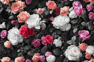 white and colored roses on black background ai generative
