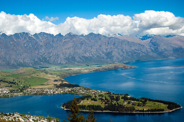 Fototapeta na wymiar Lake Wakatipu and Queenstown aerial view, the Remarkables mountains in the background