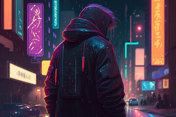 Cyberpunk man on night neon futuristic city background. Cyber punk game concept illustration. Digital fantasy, virtual reality art. Technology and future fashion. Generated by artificial intelligence