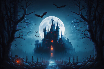 Fantasy castle in the moonlight night landscape background, Digital Illustration artwork.