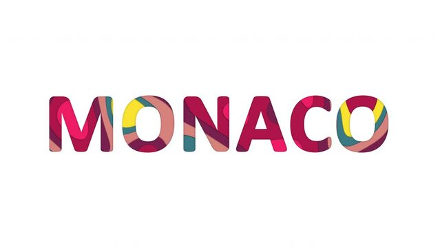 Multi-colored inscription country name MONACO with colored spots floating inside. Looped from frame 120 to 839, Alpha BW at the end
